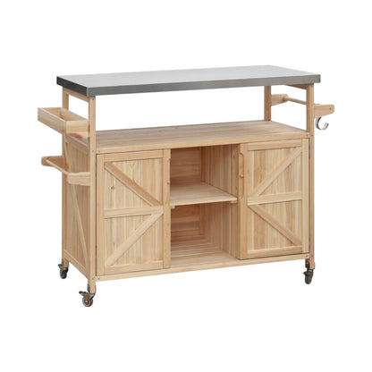 50" Natural Wood Rolling Kitchen Island With Storage-5