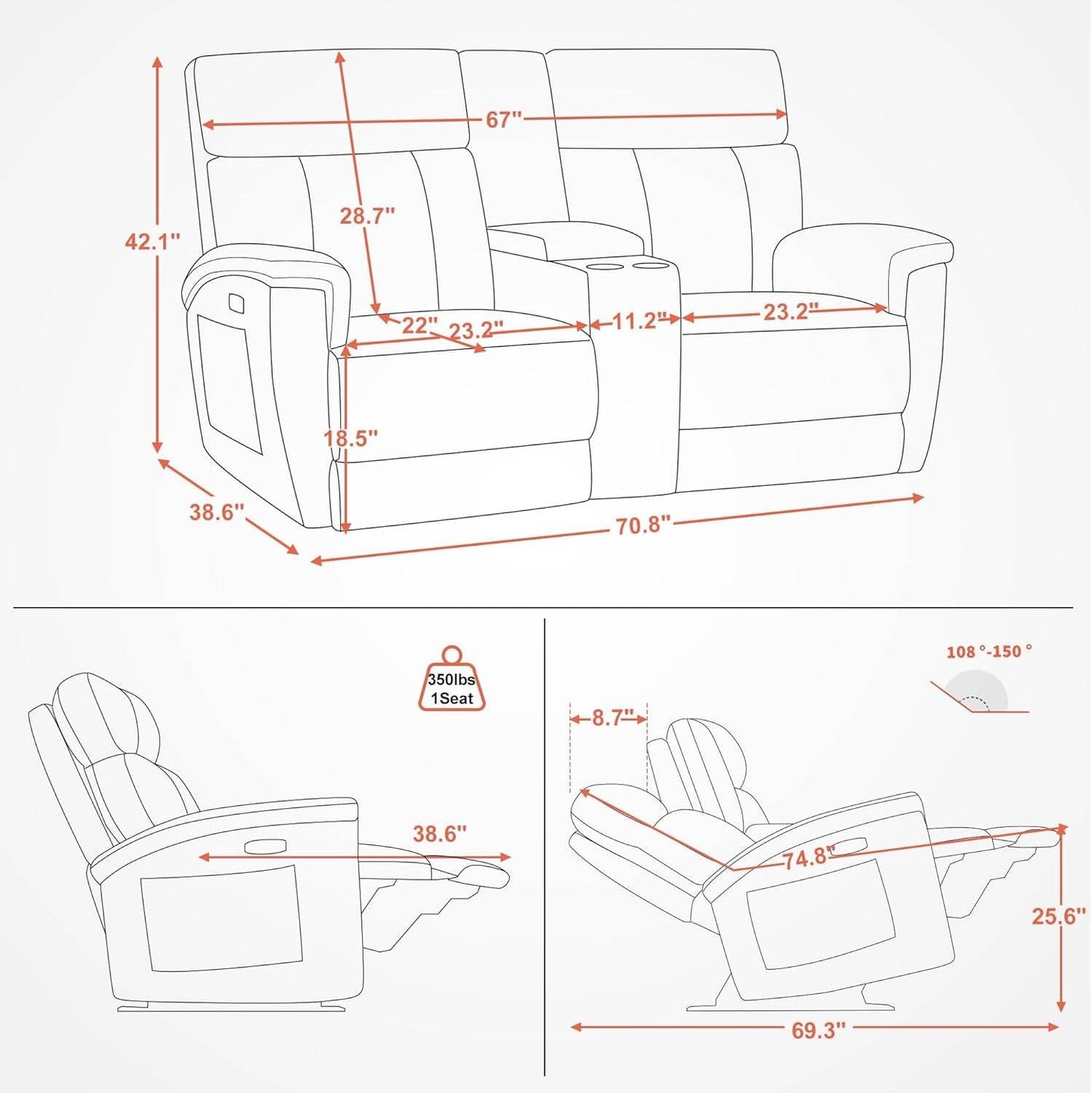 Power Loveseat Recliner Massage, Heat, Headrest, USB-C - Loft&Timber