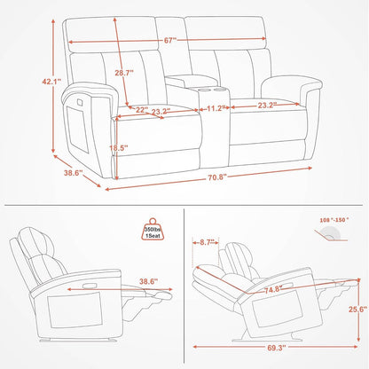 Power Loveseat Recliner Massage, Heat, Headrest, USB-C - Loft&Timber