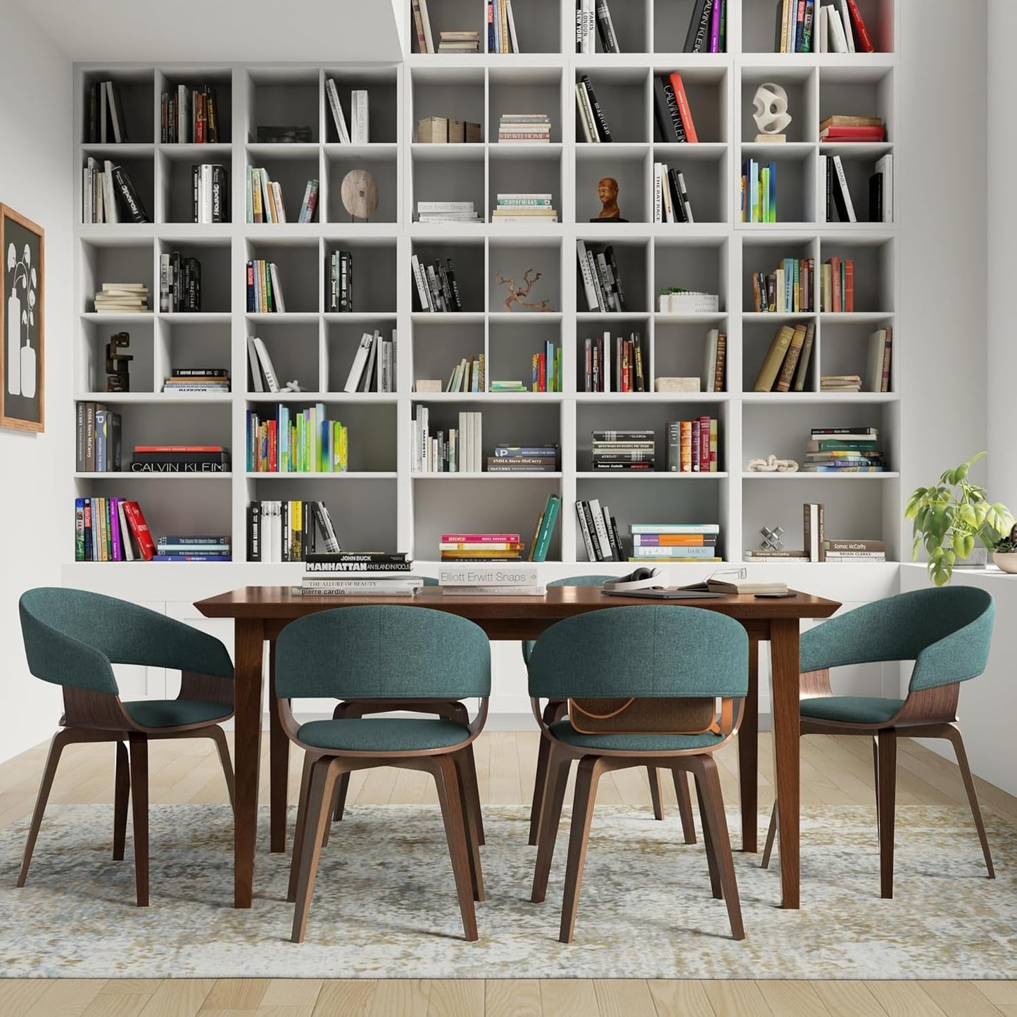 Lowell Mid Century Bentwood Dining Chair Turquoise Linen Look Fabric-1