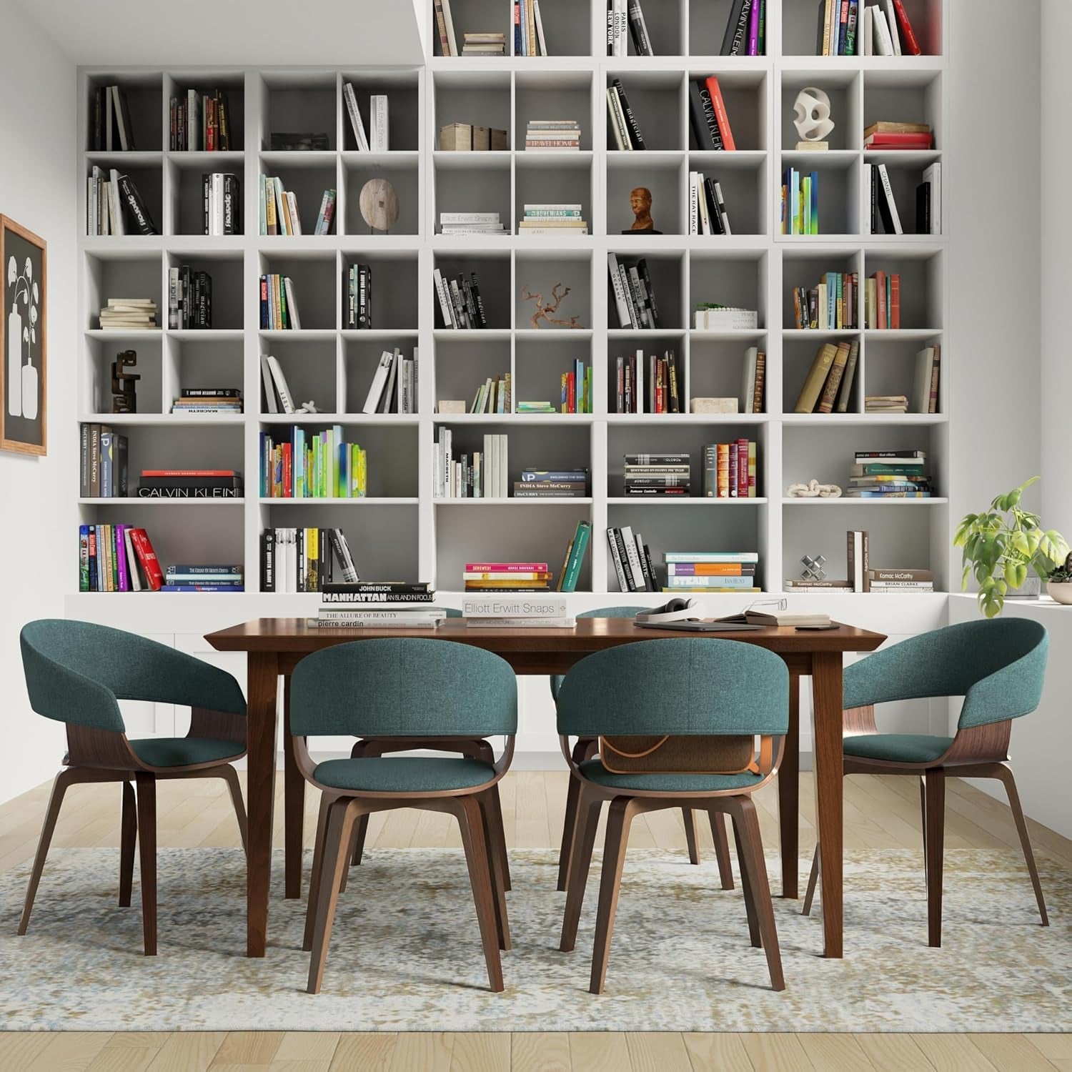 Lowell Mid Century Bentwood Dining Chair Turquoise Linen Look Fabric-1