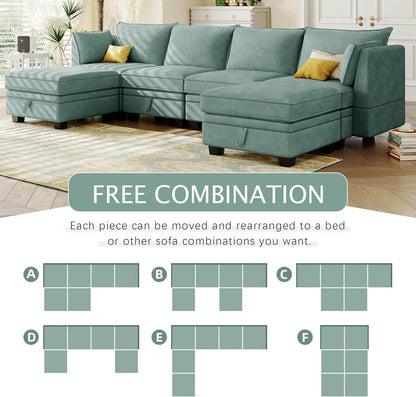 Large U-Shaped Combination Corner Sofa with Storage Seat in Light Green - Loft&Timber
