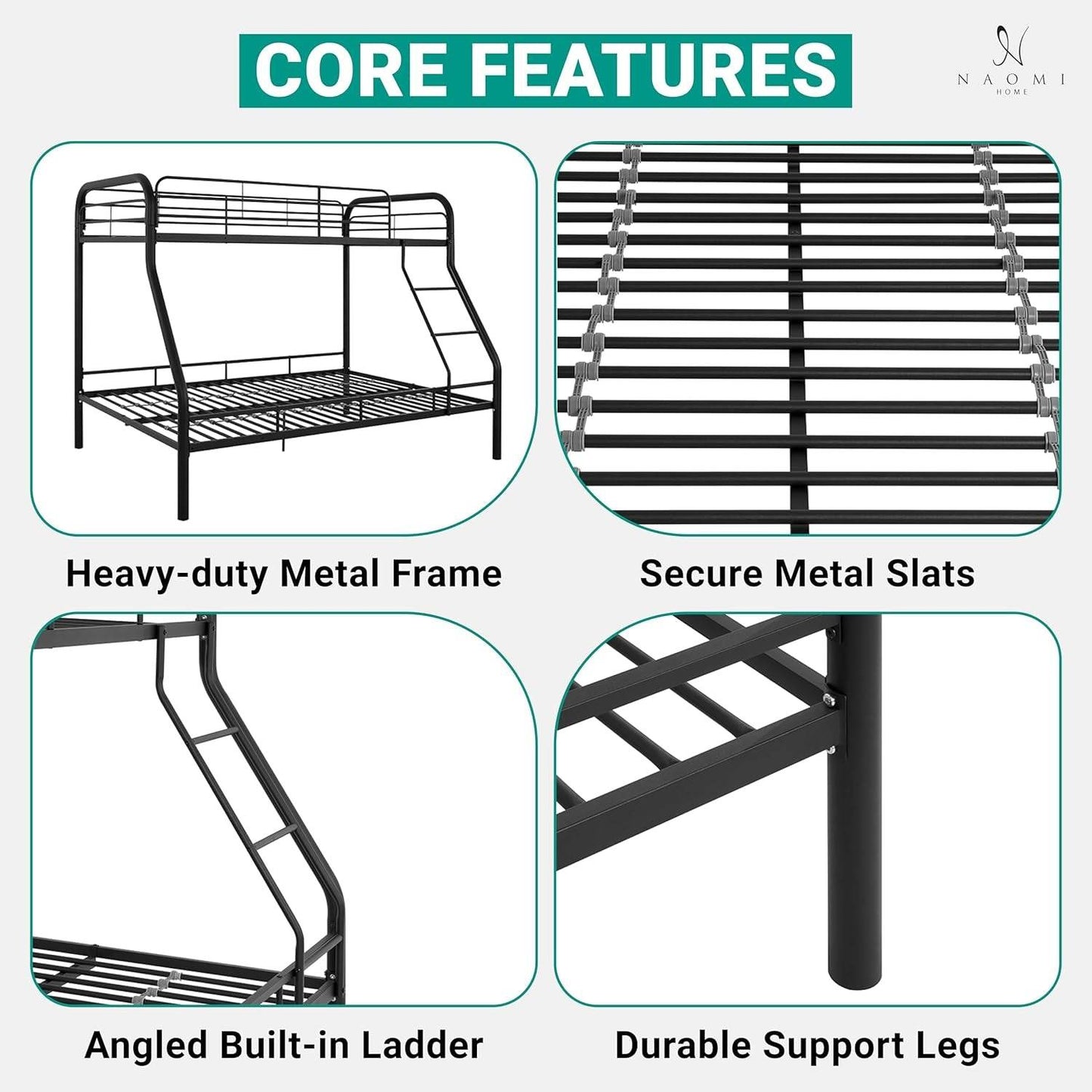 Hollywood Bunk Beds Twin over Full Size, Heavy Duty Metal Bunk Bed with Safety Guardrails, Angled Ladder, Underbed Storage, 800Lbs Capacity - for Kids and Teens, Twin over Full Bunk Bed, Black - Loft&Timber