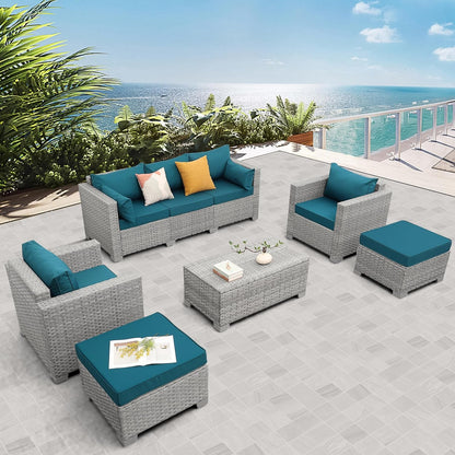 Patio Furniture Set 6 Piece Outdoor Grey Wicker With Peacock Blue Cushions-1