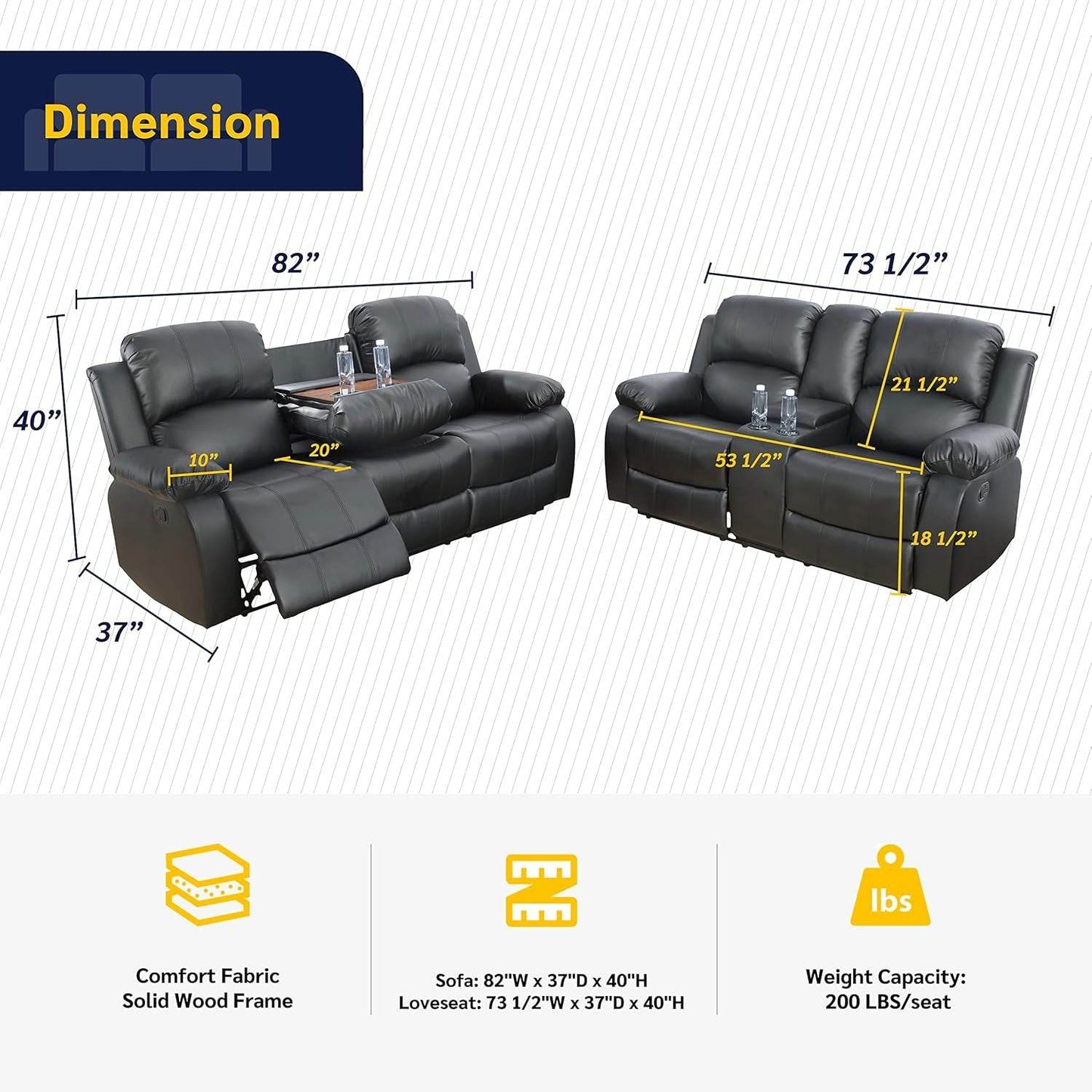 Alpine Living Room Recliner Set Include Love Seat, Sofa, 2-Piece,Black - Loft&Timber