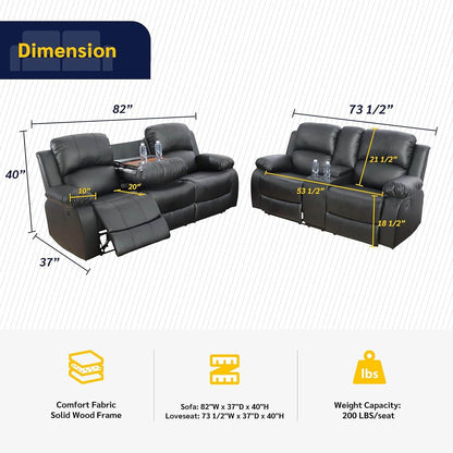 Alpine Living Room Recliner Set Include Love Seat, Sofa, 2-Piece,Black - Loft&Timber
