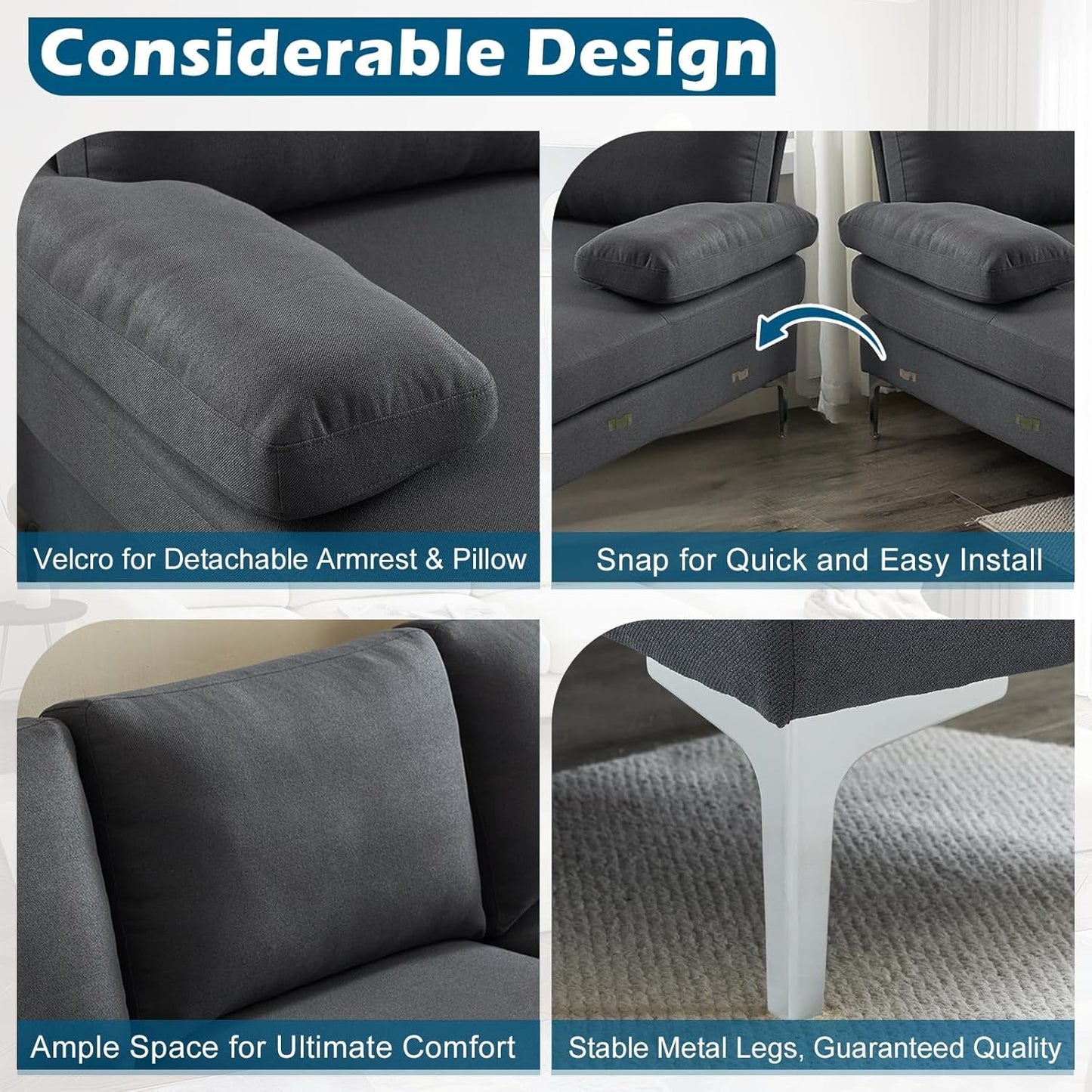 110" Modern U Shaped Sectional Couch with 51" D Double Chaise for Living Room, Grey Deep Seat Sectional Sofa Sets with 5.9" Thickness Seating Padding for Home Furniture,Linen Fabric,Metal Legs-4