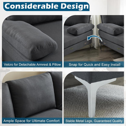 110" Modern U Shaped Sectional Couch with 51" D Double Chaise for Living Room, Grey Deep Seat Sectional Sofa Sets with 5.9" Thickness Seating Padding for Home Furniture,Linen Fabric,Metal Legs-4