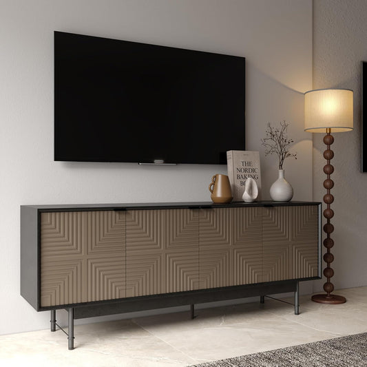 65" Beige And Black Wood Carved Geo Texture Enclosed Storage TV Stand-0