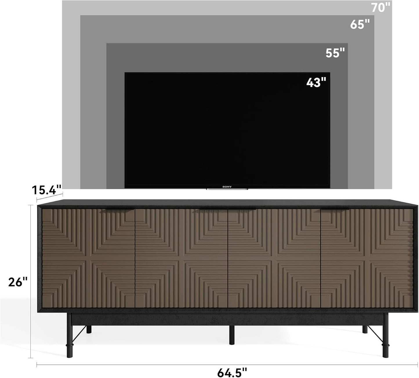 65" Beige And Black Wood Carved Geo Texture Enclosed Storage TV Stand-2