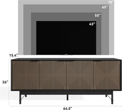 65" Beige And Black Wood Carved Geo Texture Enclosed Storage TV Stand-2