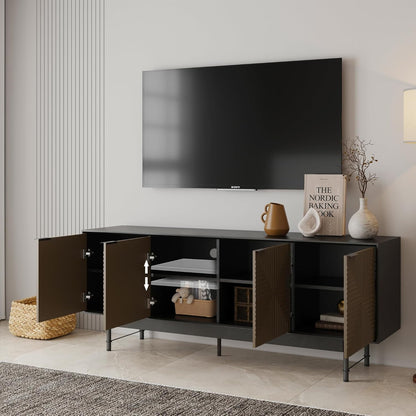 65" Beige And Black Wood Carved Geo Texture Enclosed Storage TV Stand-1