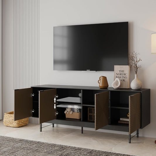 65" Beige And Black Wood Carved Geo Texture Enclosed Storage TV Stand-1