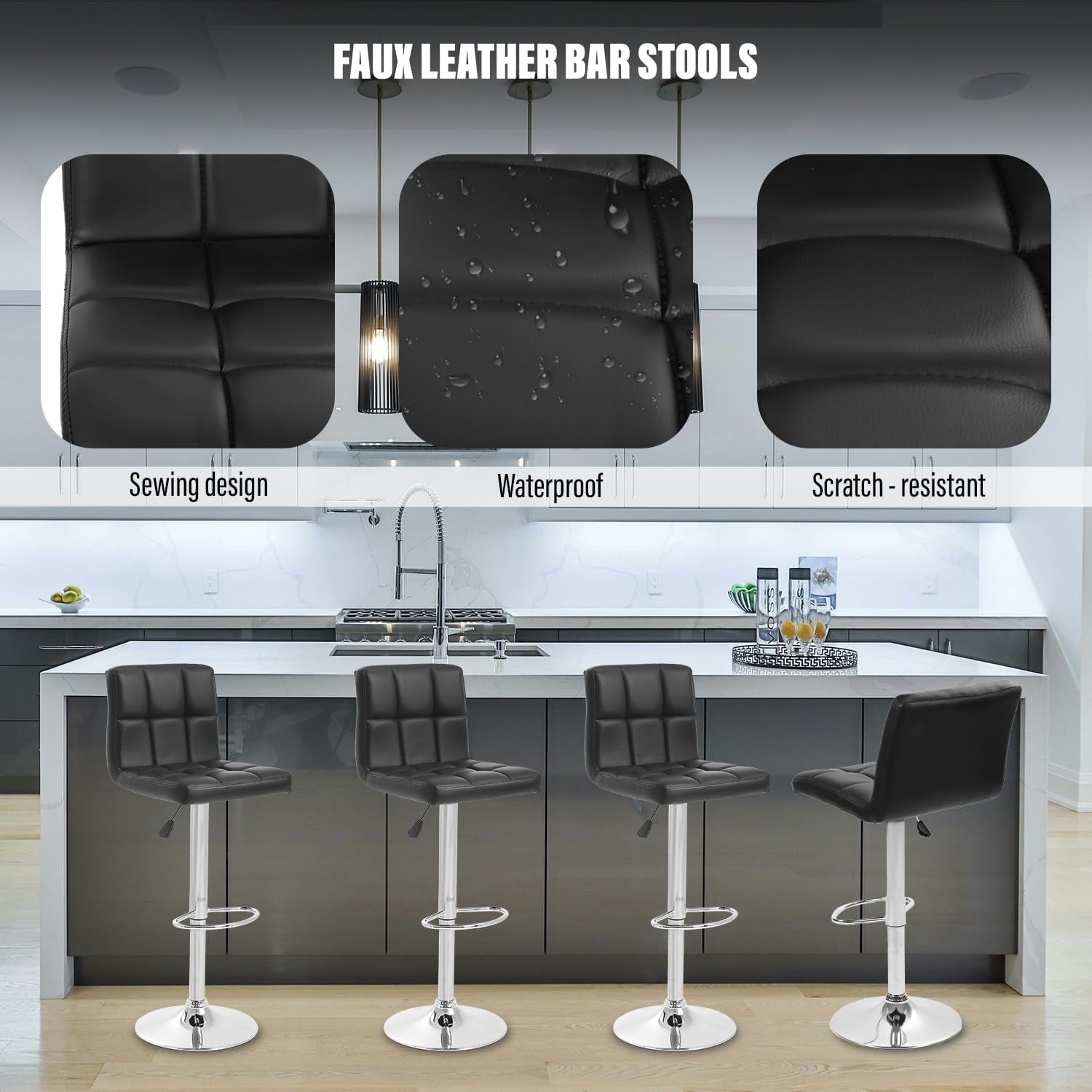 Barstools Set of 2 Counter Height Bar Stools Height Adjustable Back PU Leather Swivel Bar Stool Bar Chairs Hydraulic Swivel Dining Chairs for Kitchen Bar Restaurant Living Room,Black-3