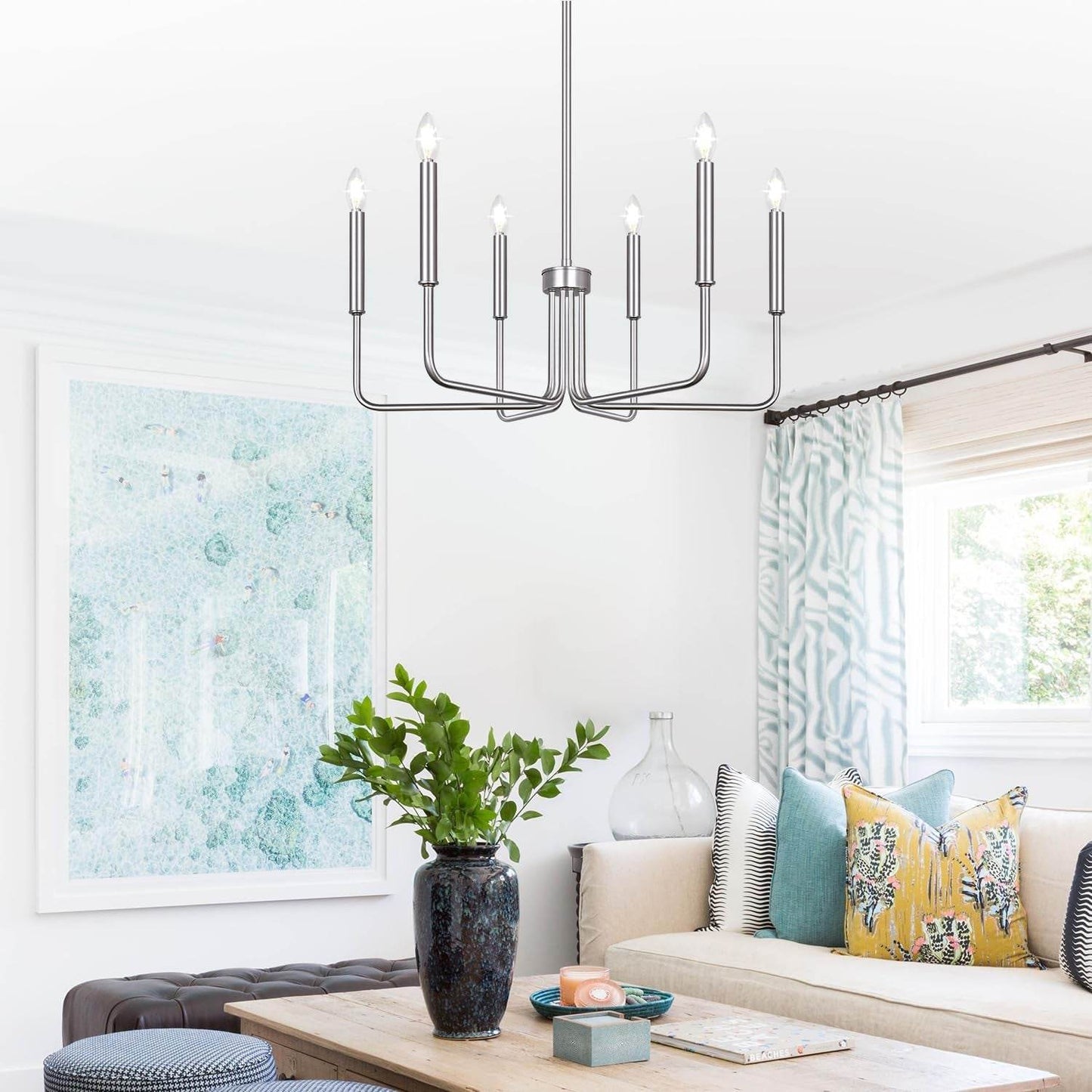 6-Light Farmhouse Chandelier for Dining Room Lighting Fixtures Hanging, Brushed Nickel Dining Light Fixtures Industrial Chandelier for Bedroom, Foyer, Hall, Kitchen, Living Room and Entryway - Loft&Timber