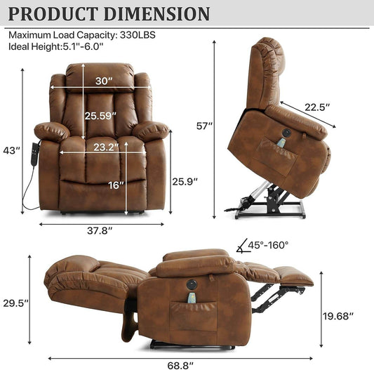 Dual Motor Large Power Lift Recliner Chair Recliners for Elderly, Infinite Position Recliner Chair with Heat and Massage, Breathable Leather(Ochre) - Loft&Timber