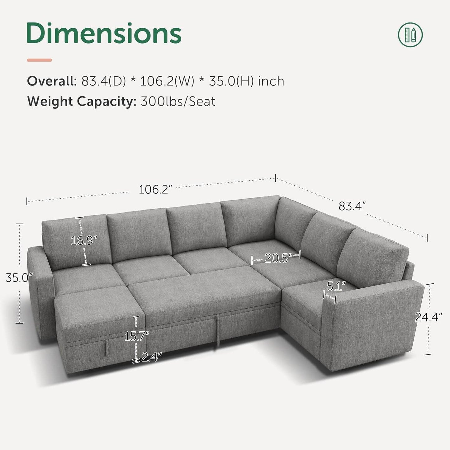 Modular Sectional Sleeper Sofa U-Shaped, Warm Grey - Loft&Timber