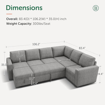 Modular Sectional Sleeper Sofa U-Shaped, Warm Grey - Loft&Timber