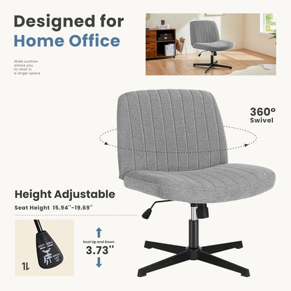 Cross Legged Office Chair, Armless Wide Desk Chair No Wheels, Modern Home Office Desk Chair Swivel Adjustable Fabric Vanity Chair-4