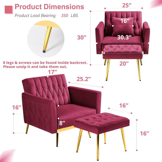 2 Pieces Velvet Futon Sofa Set with Adjustable Backrests and Armrests, 70” Convertible Sofa Bed & Tufted Accent Chair with Ottoman for Living Room, Fuchsia - Loft&Timber