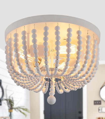 White Boho Beaded Chandeliers Flush Mount Ceiling Light,3-Lights Small Chandelier Light Fixture for Bedroom,Kitchen,Dining Room,Living Room,Stairway Gazebo - Loft&Timber
