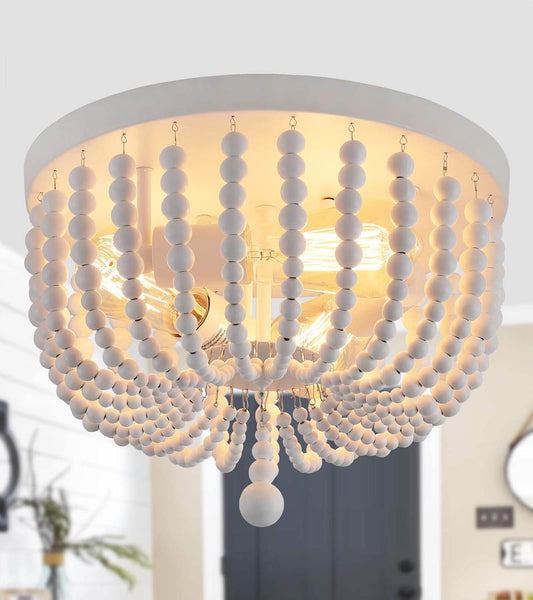 White Boho Beaded Chandeliers Flush Mount Ceiling Light,3-Lights Small Chandelier Light Fixture for Bedroom,Kitchen,Dining Room,Living Room,Stairway Gazebo - Loft&Timber