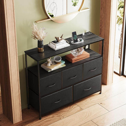 Dresser TV Stand with Open Shelf and Power Outlet, in Black with 5 Drawers - Loft&Timber