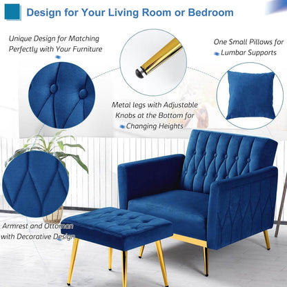 2 Pieces Velvet Futon Sofa Set with Adjustable Backrests and Armrests, 70” Convertible Sofa Bed & Tufted Accent Chair with Ottoman for Living Room, Blue - Loft&Timber