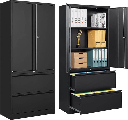2 Drawer Lateral File Cabinet, Metal Storage Cabinet with Drawers, Locking File Cabinet with Storage Shelves, Metal Storage Cabinets for Letter/Legal/F4/A4 Size Files (Two Drawer, Black) - Loft&Timber