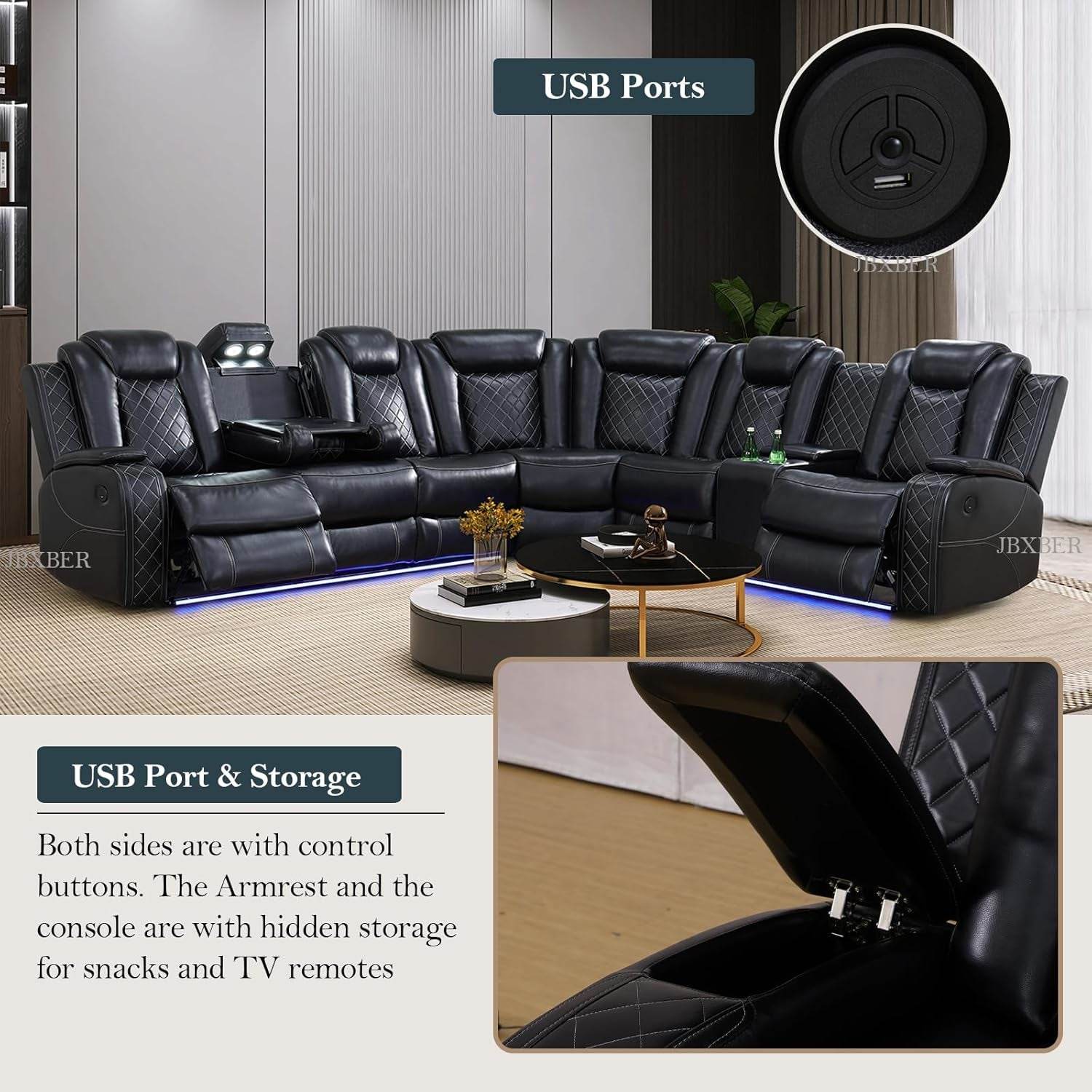 Power Recliner Sectional Sofa Set, Black - Loft&Timber