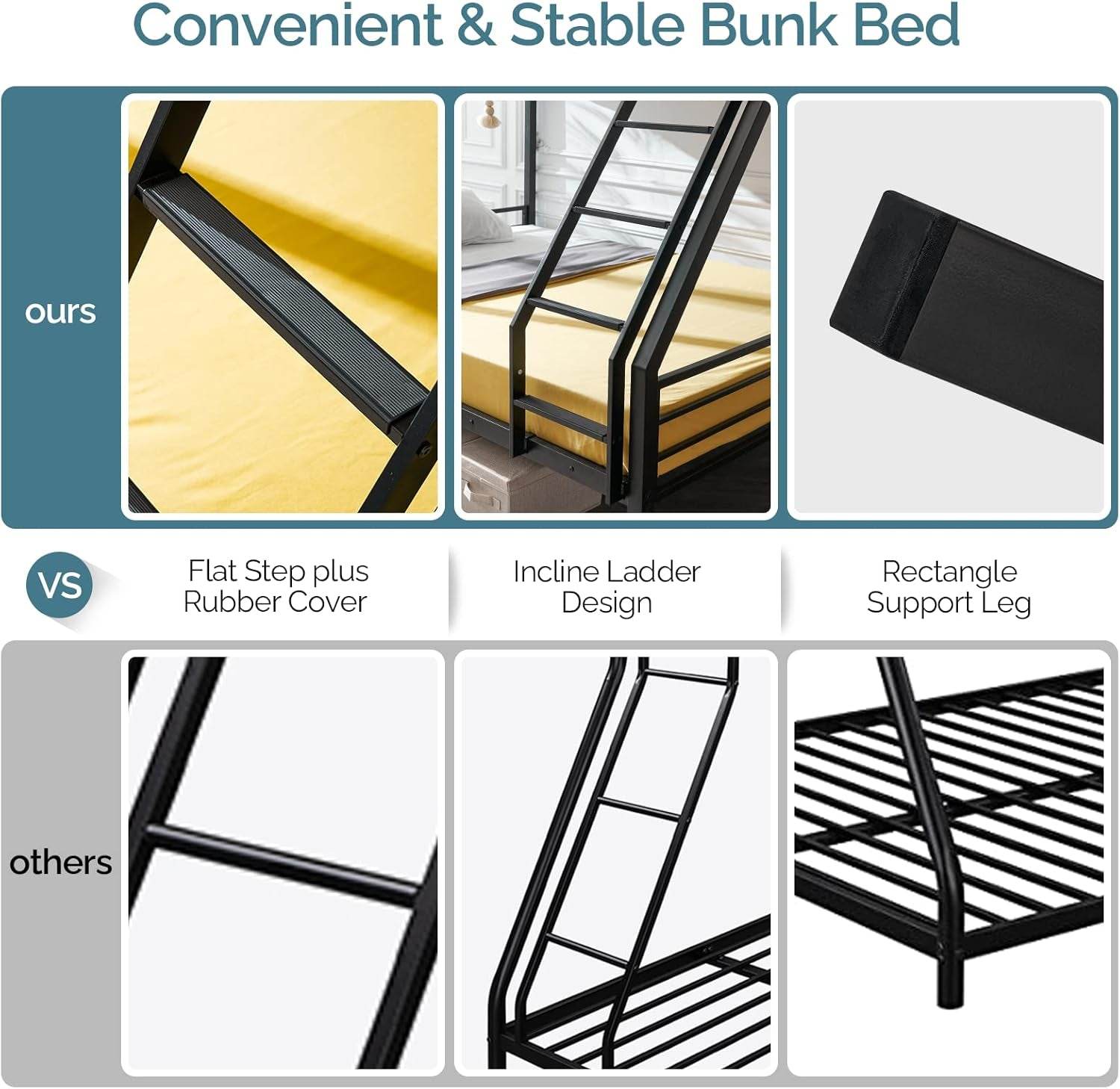 Bunk Beds Twin over Full Size for Kids Teens Adults/Flat Steps/Heavy Duty Metal Slat, Black - Loft&Timber