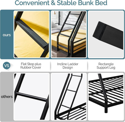 Bunk Beds Twin over Full Size for Kids Teens Adults/Flat Steps/Heavy Duty Metal Slat, Black - Loft&Timber
