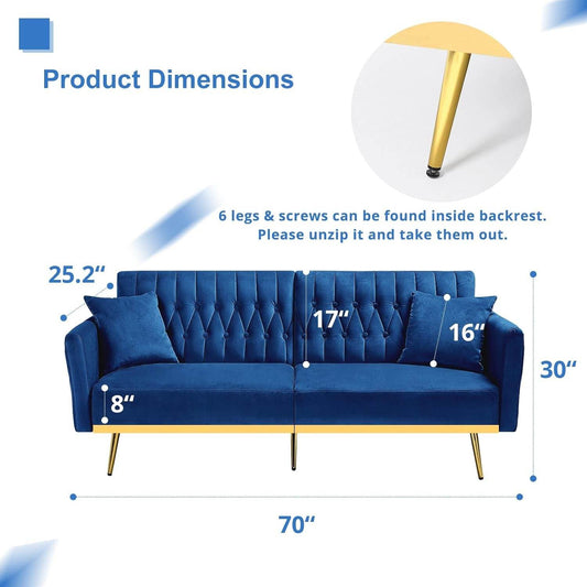 2 Pieces Velvet Futon Sofa Set with Adjustable Backrests and Armrests, 70” Convertible Sofa Bed & Tufted Accent Chair with Ottoman for Living Room, Blue - Loft&Timber