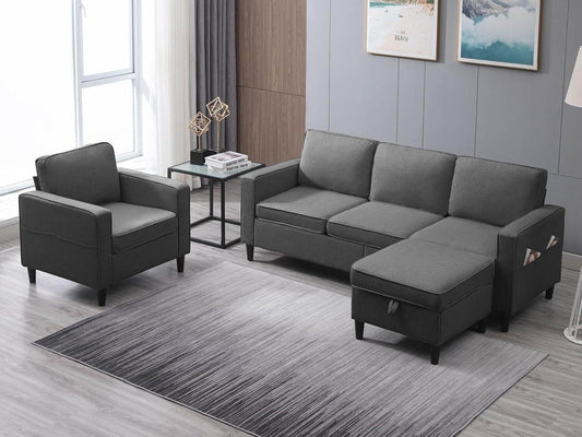 3PCS Convertible Sofa Set, Linen Upholstered Couch Set with Side Pockets, Modern Living Room Sofa with Storage Ottoman, Couch for Living Room Apartment (Dark Grey, Sectional Sofa + Single)-0