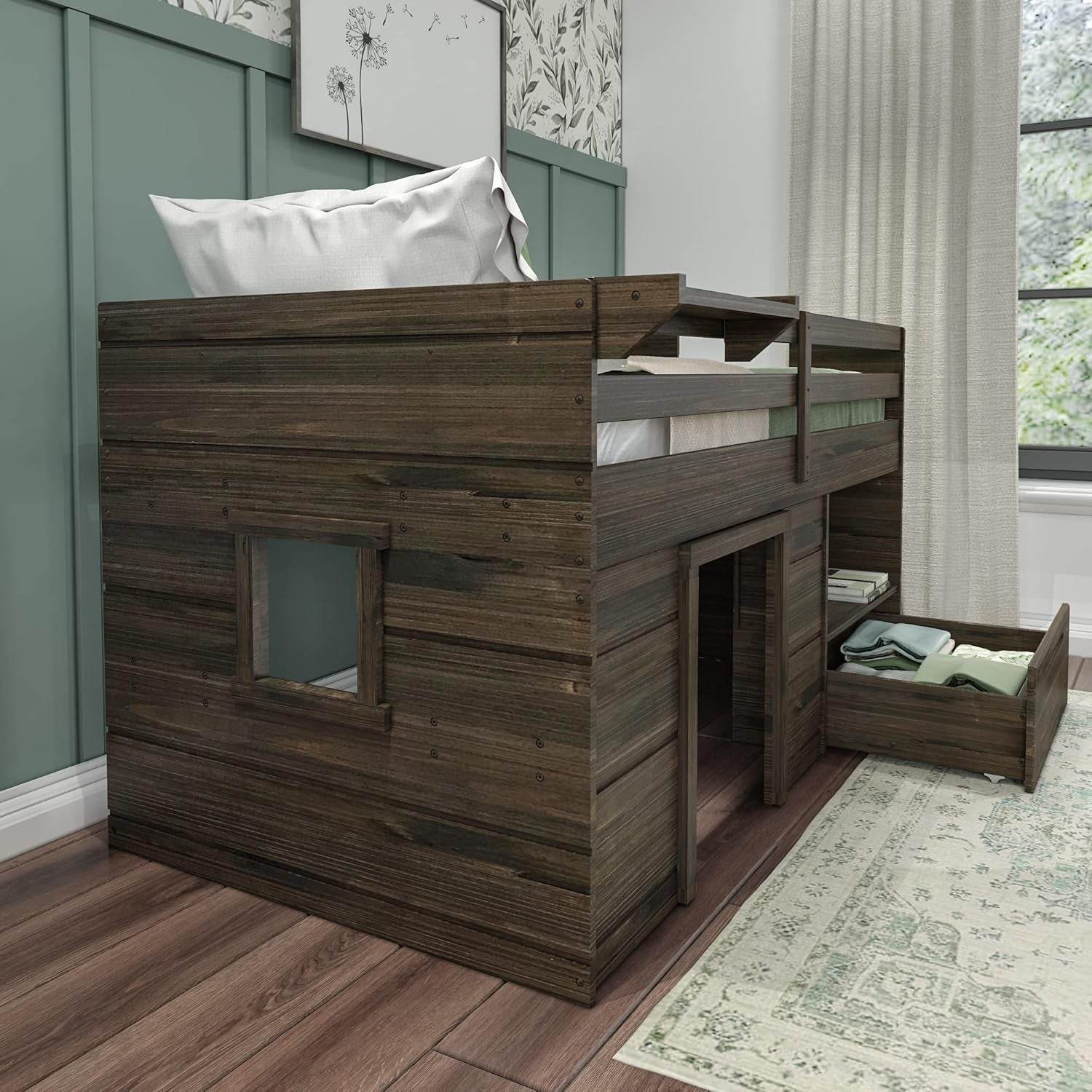 Loft Bed Twin Size, Solid Wood Low Loft Bed with Storage Drawer and Ladder, Modern Farmhouse Loft Bed for Kids, Barnwood Brown - Loft&Timber