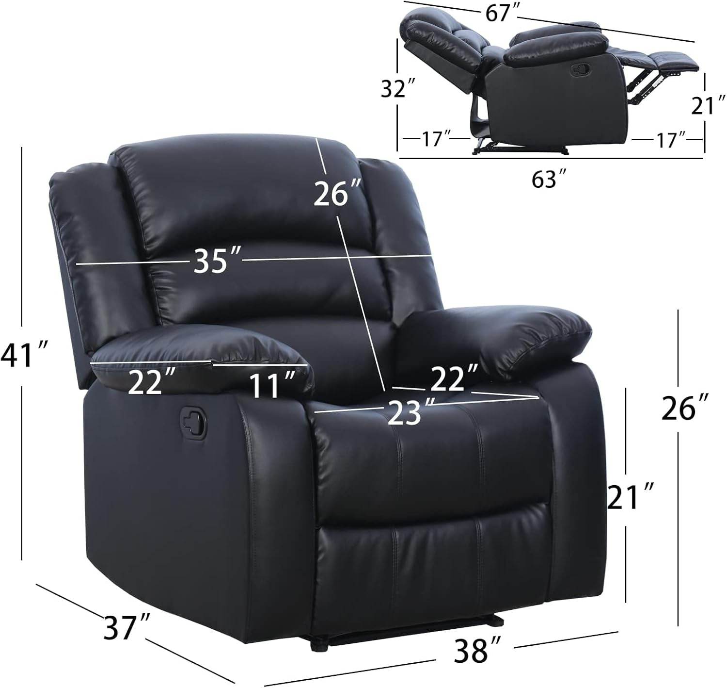 Black Recliner Chair Set of 2, with Overstuffed Arm and Back - Loft&Timber