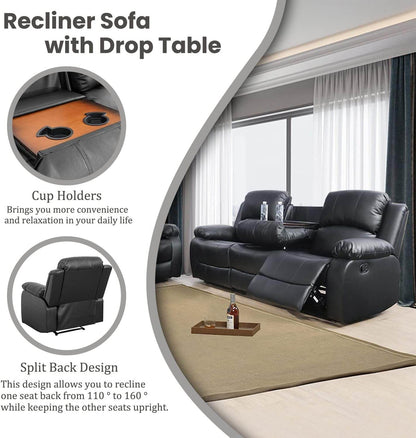 Manual Recliner Sofa Set, Bonded Leather in Black - Loft&Timber
