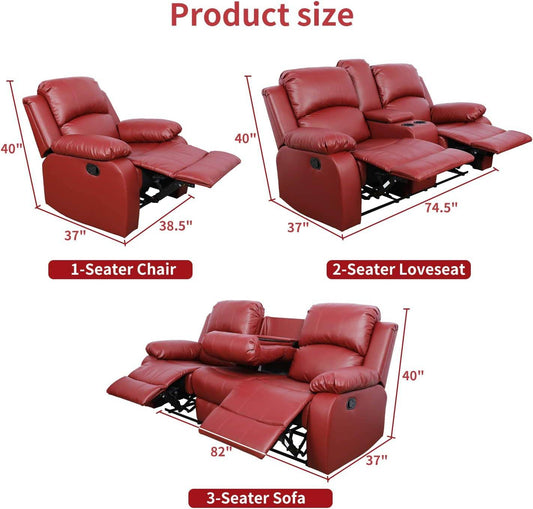 Red Manual Leather Recliner Sofa Set - Loft&Timber