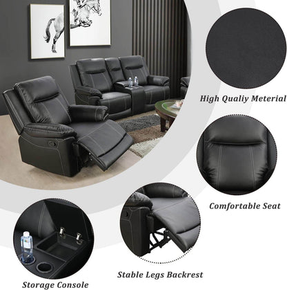 Manual Recliner Sofa Set, Bonded Leather in Black - Loft&Timber