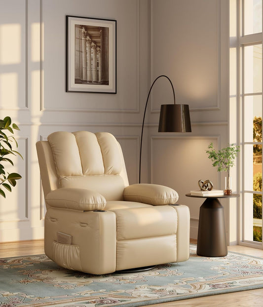 22'' Rocker Swivel Recliner Chair, Lazy Recliner for Adults, with 1.5X Sponge Filling, Side Pocket, and Cup Holder, for Living Room, Bedroom, and Nursery, Creamy-0