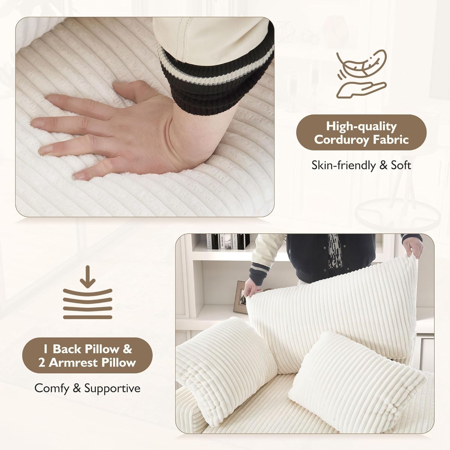 Chaise Lounge Chair Indoor with Ottoman, 57.52 "D Oversized Sleeper Chair, Corduroy Upholstered Comfy Sofa for Bedroom, Living Room, Office(Beige) - Loft&Timber