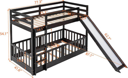 Twin over Twin Floor Bunk Bed with Slide and Ladder, Low Bunk Bed for Kids, Girls, Boys, Removable Fence, Bunk Bed with Slide, Espresso - Loft&Timber
