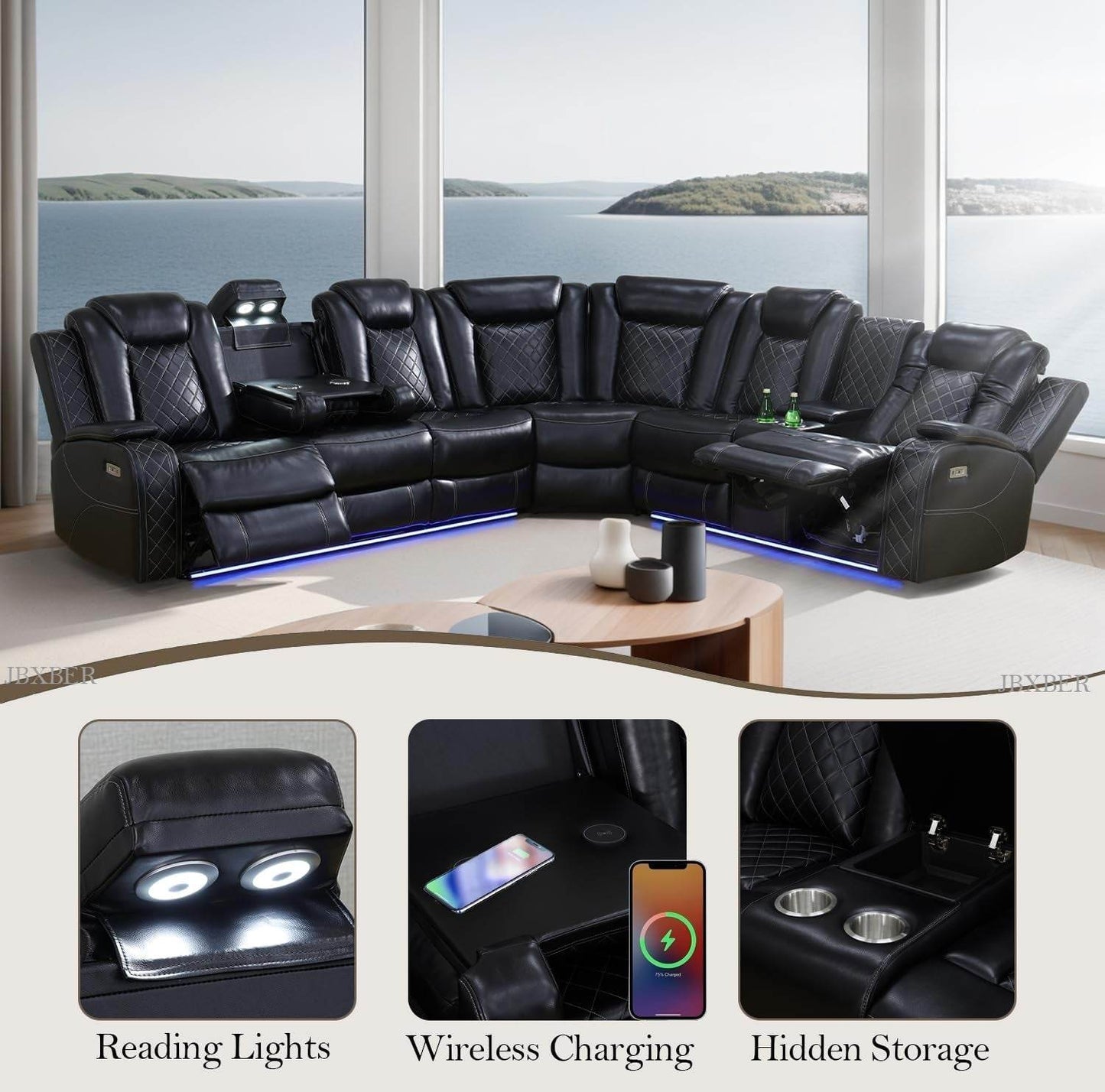 Power Recliner Sectional Sofa Set, Black - Loft&Timber