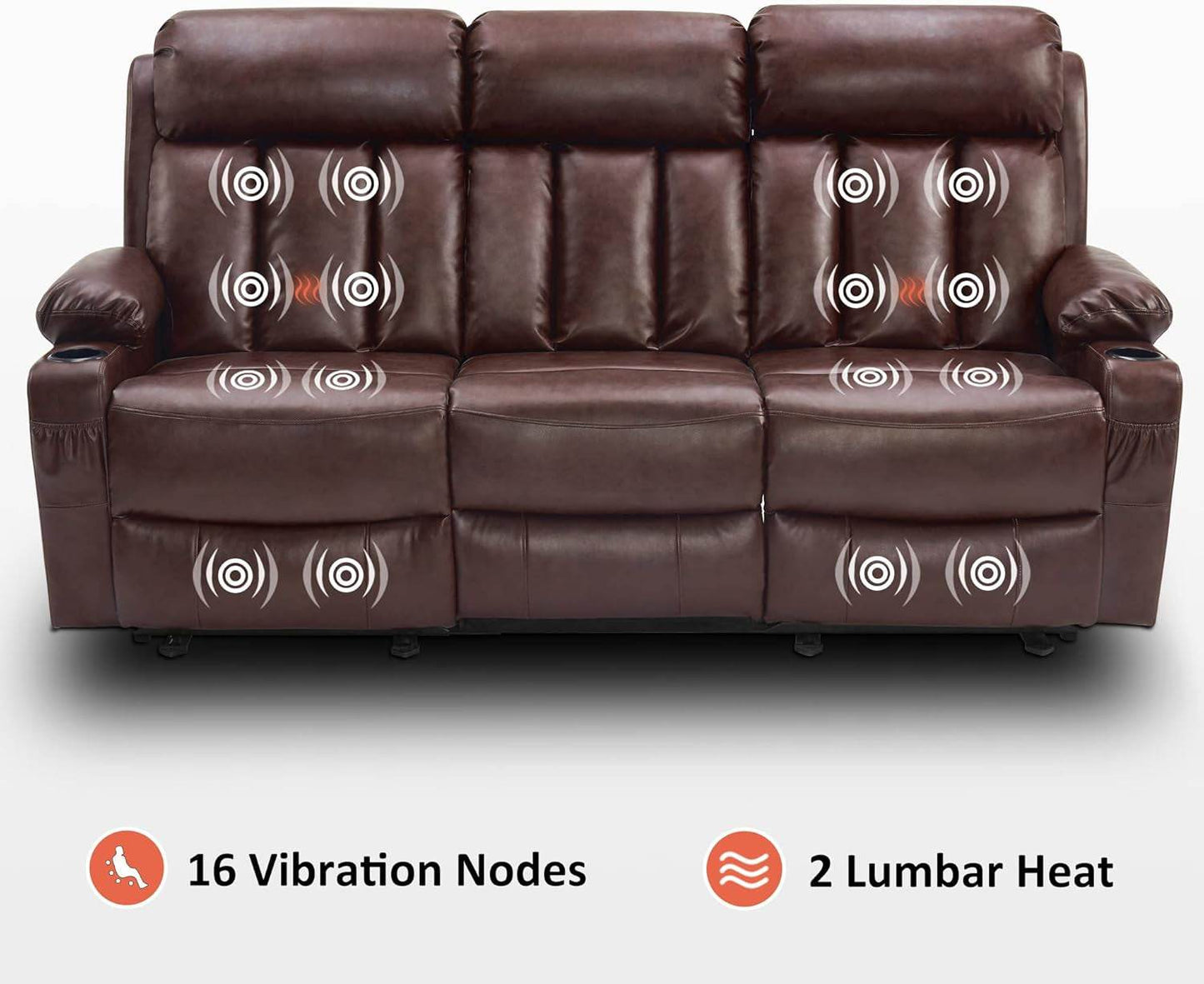 Power Reclining Sofa with Heat and Vibration,Usb Ports, Cup Holders,3-Seat Dual Recliner Sofa for Living Room 6077(Dark Brown, Reclining Sofa) - Loft&Timber