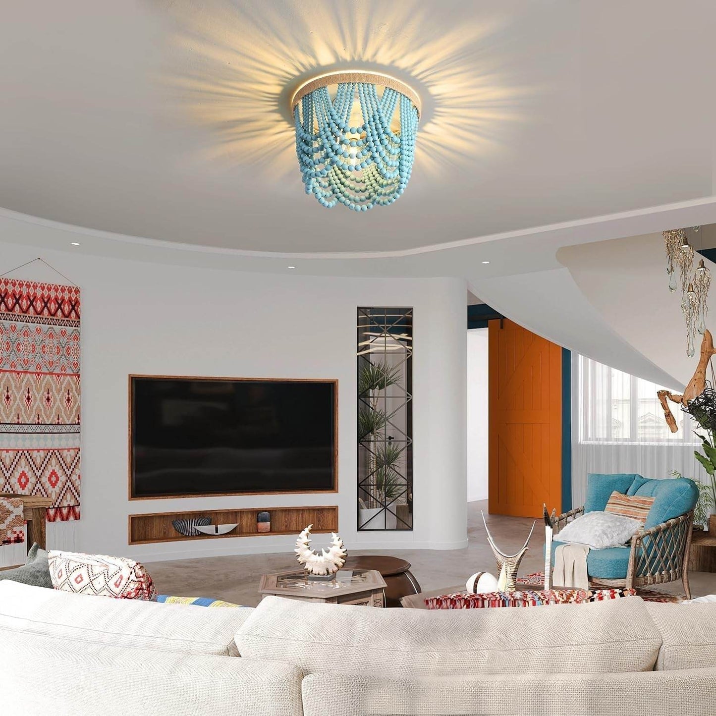 Boho Light Fixture, 3 Light Wood Bead Chandelier, Ceiling Beaded Light Fixture, Nursery Light Fixture, Blue, 12.6 X 9.3 Inches - Loft&Timber