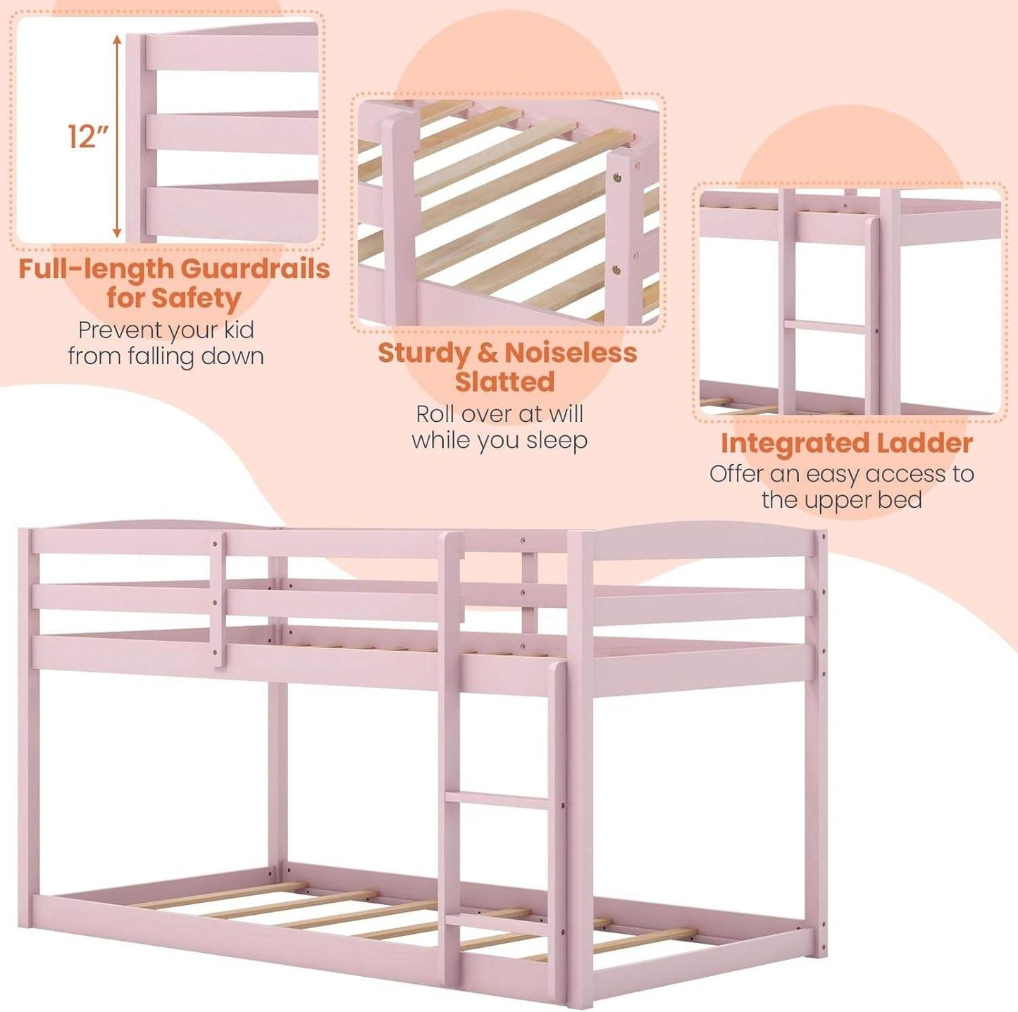 Low Bunk Bed, Solid Wood Bunk Beds Twin over Twin with Ladder, Space Saving Bunkbeds Frame W/Full Guardrails, Twin Floor Bunk Beds for Kids Boys Girls Teens, No Box Spring Needed (Pink) - Loft&Timber