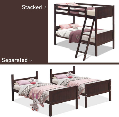 Wood Twin over Twin Bunk Beds Convertible 2 Individual Twin Beds for Kids Children, Solid Rubberwood Bunk Bed with Ladder and Safety Rail (Espresso) - Loft&Timber
