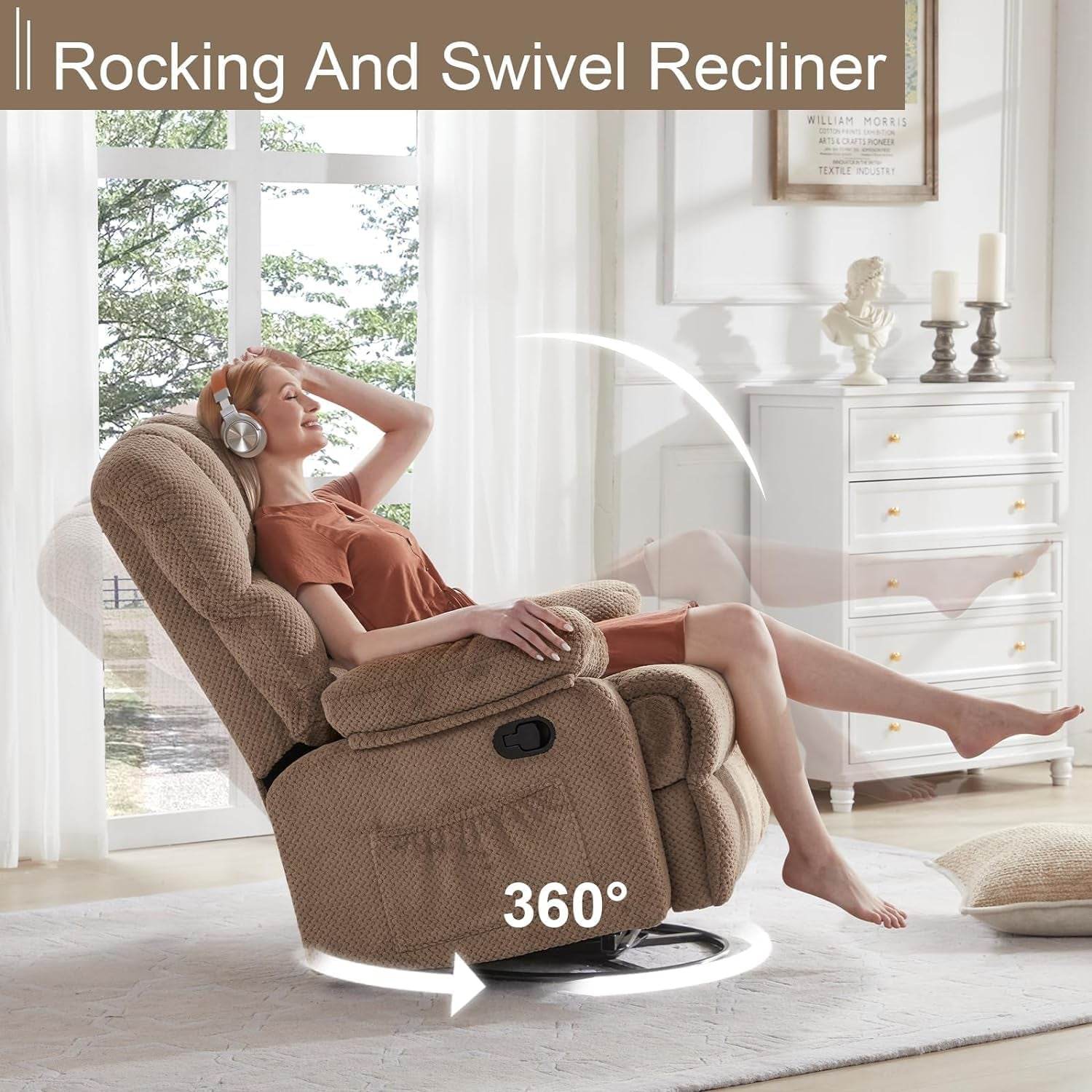 Oversized Rocker Recliner Chair, 360° Swivel (Khaki) - Loft&Timber