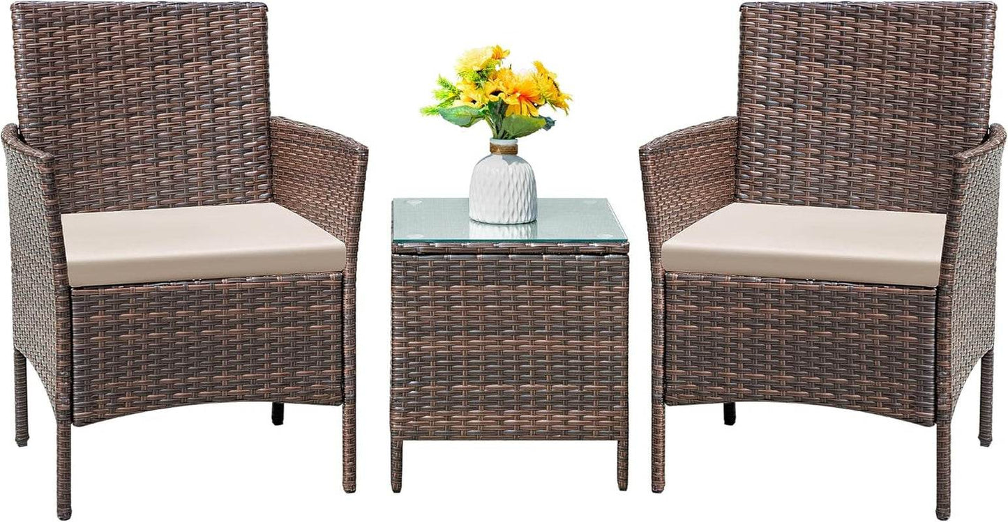 Patio Furniture Set 3 Pieces All-Weather Rattan Outdoor Furniture Patio Chairs with Tempered Glass Table for Porch Bistro Balcony (Brown/Cream) - Loft&Timber