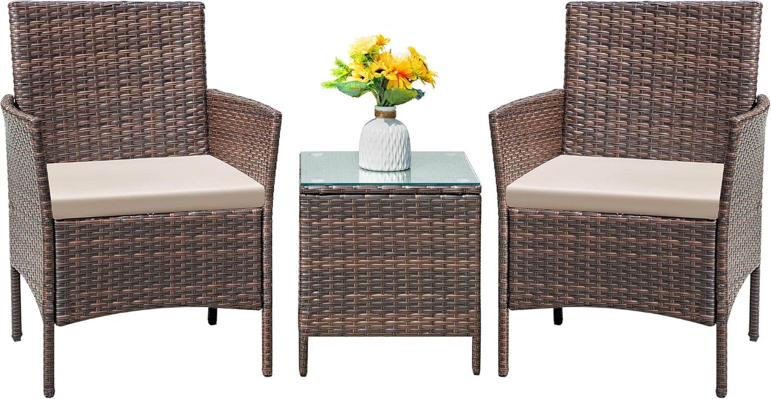 Patio Furniture Set 3 Pieces All-Weather Rattan Outdoor Furniture Patio Chairs with Tempered Glass Table for Porch Bistro Balcony (Brown/Cream) - Loft&Timber